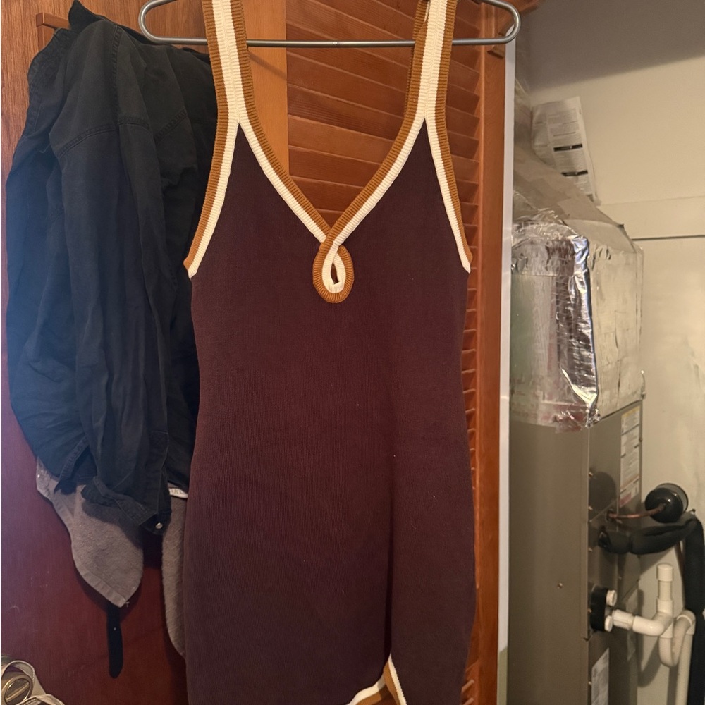 Free People Brown Knit Mini Dress with Cream Trim